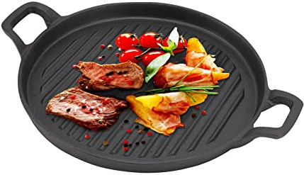 Piastra in ghisa per fornello interno, piastra con manico reversibile, padella rotonda a costine in ghisa per barbecue a gas elettrico a doppia faccia (diametro 24 cm), padella antiaderente, padella