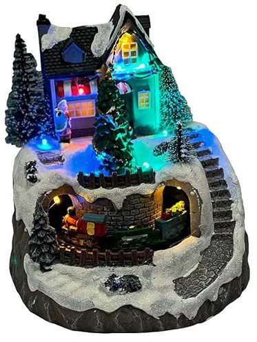 Selections Christmas House and Tree Scene Ornament with Lights Moving Train and Sound