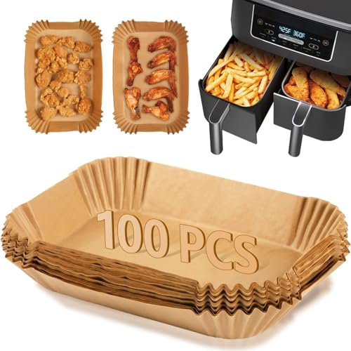 BOZKAA 100 Stück Backpapier für Heißluftfritteuse, Rechteckig Airfryer Backpapier Liners mit Ninja Dual Zone AF300UK AF300EU AF400UK, Heißluftfritteuse Zubehör mit Salter, Tower