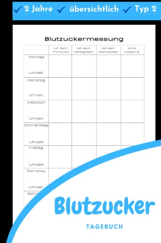 Blutzucker Tagebuch: Tägliches Aufzeichnen von Blutzuckerwerten über 2 Jahre für Typ 2 Diabetiker, mit Notfallkontakt und Medikamentenplan