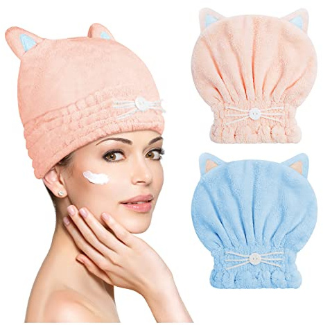 ACWOO Hårturbanhandduk, 2-pack ultraabsorberande korallfleece-hårtorrmössa Söt hårturbanhandduk, mjuk mikrofiberhårtorkhandduk Snabbtorkande badhuvudinpackning för kvinnor, flickor