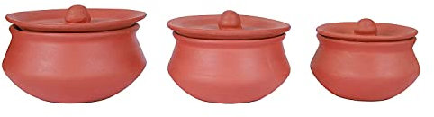 Generic Set di pentole in argilla con coperchio (combo di 750 ml, 1 l, 1,8 l), marrone, non rivestito, capacità 1,8 l, adatto per piano cottura, include 3 pentole con coperchio