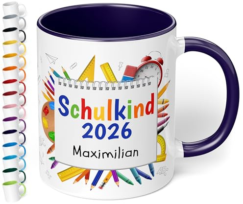 True Statements personalisierte Tasse Schulkind 2026, in Kobaltblau, Geschenk zur Einschulung für Mädchen und Jungen, 330 ml Keramiktasse mit Notizblock, Einschulungsgeschenk 1. Klasse
