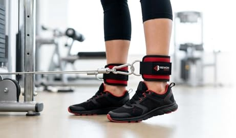 REWON fußschlaufen Gym mit Kabelzug-D-Ringen - Verstellbare Knöchelmanschetten für Krafttraining & Fitness - Fußmanschetten mit komfortablem Haken für Seilzug, Kickbacks & Beintraining