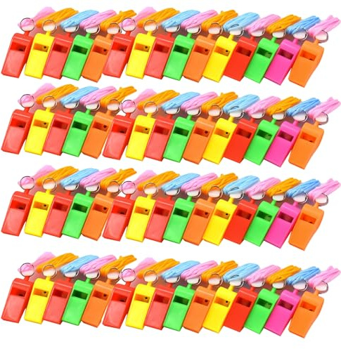 RmKbe 60pcs Neon Whistles with String Lanyards Plastic Whistles Loud Sound Sport Whistle Party Bag Fillers for Kids Officials Sports