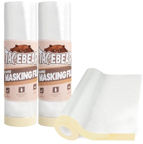 TAPEBEAR Painters Tape and Masking Film 9feet x 90feet(2600mmx 27m) | Plastic Cover for Painting, Tape and Drape, Pre-Taped Masking Film for Automotive, Floor, Appliance and Furniture, 3Rolls