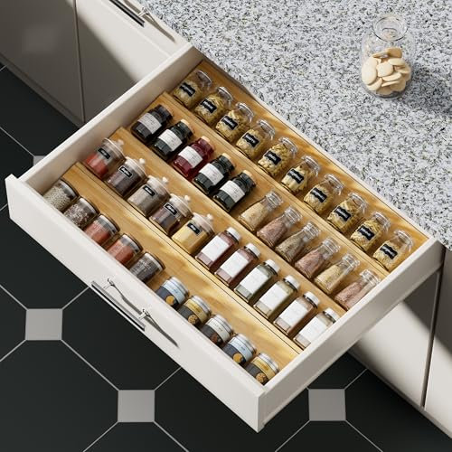 OHHLIHOME Bamboo Spice Drawer Organizer - 8 Pack 13x4.7x1.6 Spice Rack Tray - Spice Jars Drawers Insert - Seasoning Organizer for Drawers/Countertop (Jars not included)