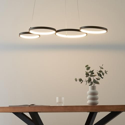 Kosilum – LED-Hängeleuchte 4 Kreise aus schwarzem Metall – Newton – Licht warmweiß Beleuchtung Wohnzimmer Schlafzimmer Küche Flur – 58 W – 7700 lm – integrierte LED – IP20