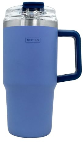 NERTHUS FIH 1435 tazza termica 600 ml blu con coperchio cannuccia ideale per lavoro auto viaggi