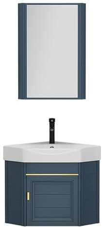 SXSYTR Badezimmer-Eckwaschbecken Mit Unterschrank, Wandmontiertes Keramikwaschbecken, Badezimmerschrank Mit Waschbecken und Spiegelschrank, Waschbecken Mit Wasserhahn und Abfluss(43cm)