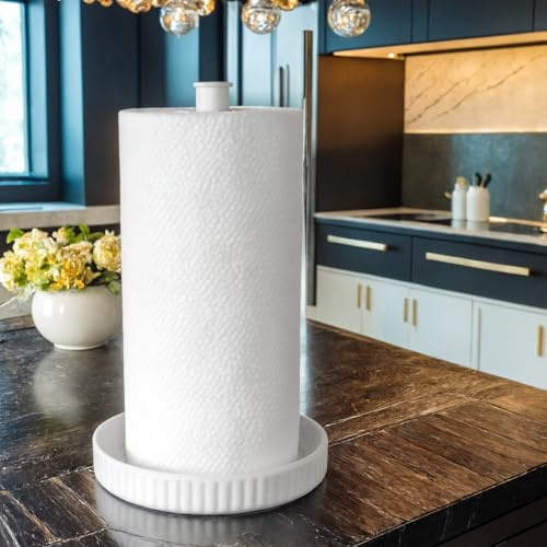 Küchenrollenhalter stehend - Keramikbasis, pflegeleicht - 18 cm Durchmesser x 32 cm Höhe, stabil und perfekt für Jede Kücheneinrichtung Feiertage und Anlässe- Chic Weiß