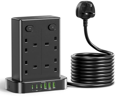 3M Tower Extension lead with USB C Slots, toomke Multi Plug Extension Sockets with 8 AC Outlets and 6 USB Ports, Overload Protection Extension Cord with Independent Switches, Plug Socket Tower