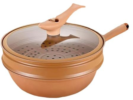 Wok de hierro antiadherente – Sartén con tapa, wok de fondo plano | Sartén wok pequeña para inducción, textura trapezoidal duradera, sartén wok para cocinar al vapor, cocina en cocinas eléctricas