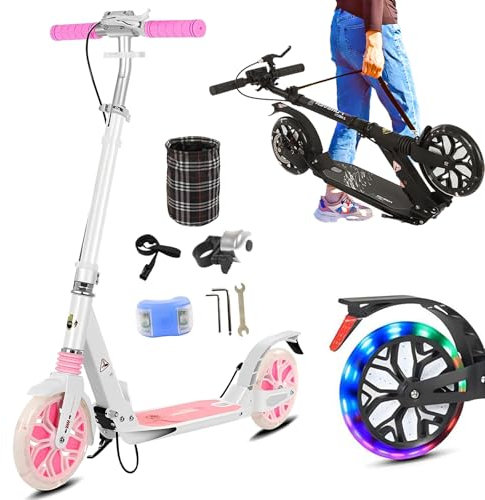 CXYTX Cityroller Tretroller Erwachsene 150 kg Tragkraft, LED 200mm Big Wheel Scooter, mit Stoßdämpfer, Handbremse, Klappbar Höhenverstellbar Kickboard, Scheibenbremsen, Mädchen Jungen Teenager,Rosa