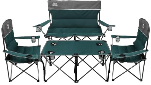LANMOUNTAIN Oversized 4 Pcs Camping Chair Set with Table,Outdoor Folding Heavy Duty Lawn Chair,Cup Holder,Portable,Loveseat Chair Perfect for Family Hiking,Picnics and Beach Trips,Bistro Green