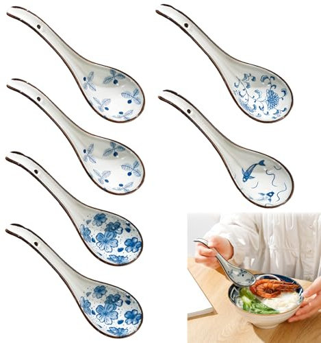 Cucharas De Sopa Chinas, Xiuyer 6pcs Juego De Cucharas De Sopa Asiática Cucharas De Sopa Japonesas Para Guisos Cereales Ramen Pho Wonton Dumpling Miso Cucharas De Sopa China De Cerámica