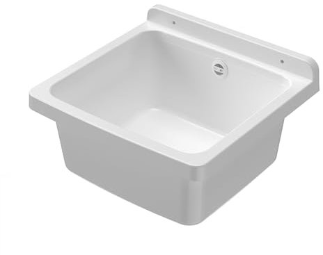 Pilozzo Lavatoio Sospeso 40x40 Cm Con Vasca In Resina Bianca Resistente Agli Acidi E Alle Intemperie, Completo Di Kit Di Scarico E Fissaggi
