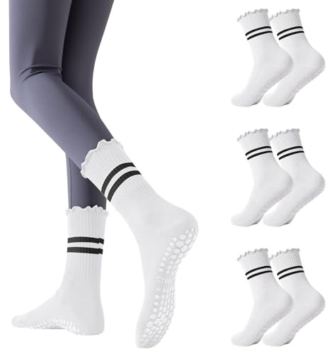 Risipu Pilates Socken mit Griffen Anti-Rutsch-Rüsche Yoga-Socken für Frauen Grip Socken für Barre Ballett Tanz (DE/NL/SE/PL, Alphanumerisch, Einheitsgröße, Regular, Regular, 3 Paare - Weiß)