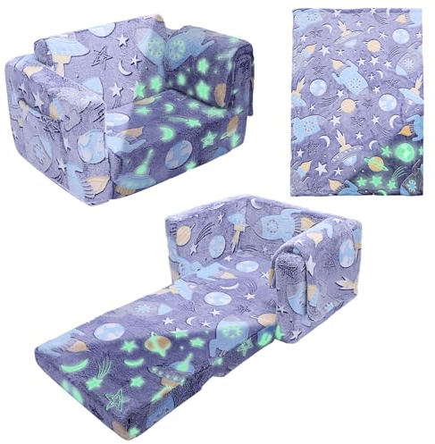 GIOVARA Sofá Cama para Niños 2 en 1 Extra Ancho, Sofá Plegable para niños, Sofá Infantil Plegable de Sherpa Suave con Dinosaurio Brillante, Cama Convertible para Niños/Niñas (Astronautas)