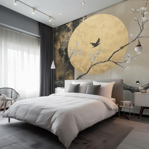 Générique Papier Peint Intissé Oiseaux Japonais 350 x 256 cm Papier Peint Panoramique Grandes poster Mural Photo pour Salon, Chambre, Décor Fond TV, Kaki