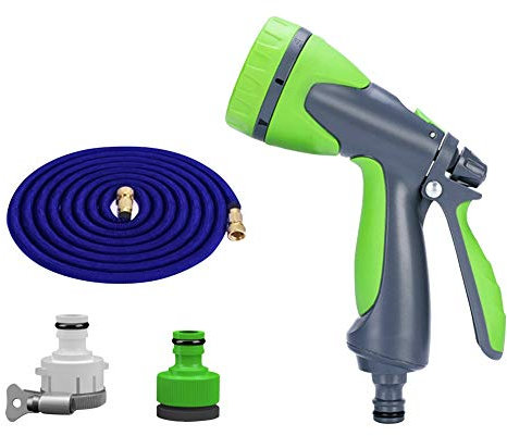 CONGRUI Pistola a spruzzo per tubo da giardino, ugello a 8 funzioni, tubo espandibile da giardino (blu, 5 m)