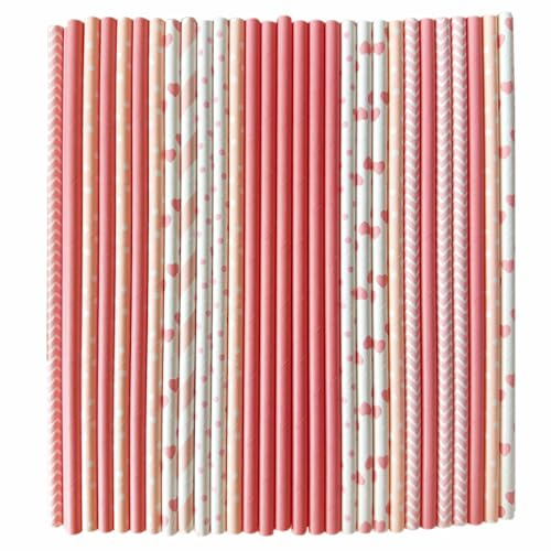 YAOSHENG [100 Count] Paper Drinking Straws 100% Biodegradable Multi-Pattern Party Straws for Birthday, Wedding, Bridal (Deep Powder Series)