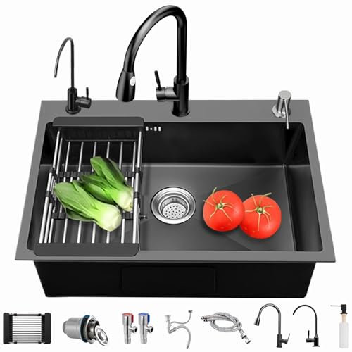 Coubird Fregadero de cocina de acero inoxidable negro para montaje inferior o superior, fregadero de cocina pequeño con accesorios de escurridor, adecuado para cocinas, bares y cuartos de servicio (60
