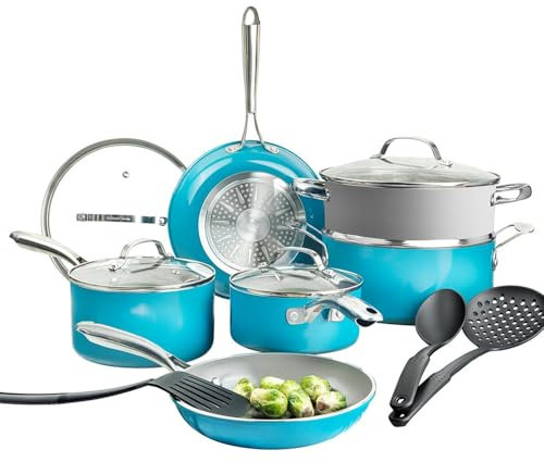 ASerZenith Ensemble De 15 Casseroles Et Poêles en Céramique Antiadhésives, Allant Au Lave-Vaisselle, en Cuivre, Plus De Cinq Pièces(Aqua Blue-Over 5-Piece Set)