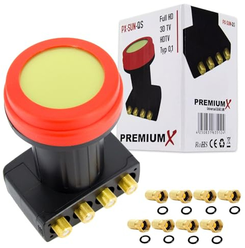 Premium X Quad LNB – 4 fack – extremt värmebeständig – för 4 deltagare – 4K Full HD – med väderskydd för parabolantenn satellitmottagare digital – svart – inklusive 8X F-kontakt