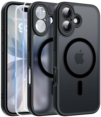 FLLAO Funda para iPhone 17, Compatible MagSafe, con 2 Piezas Protector de Pantalla Cristal Templado, [Protección de Cámara] Magnética Carcasa Translúcida Mate Trasera Fina Antigolpes, Negro