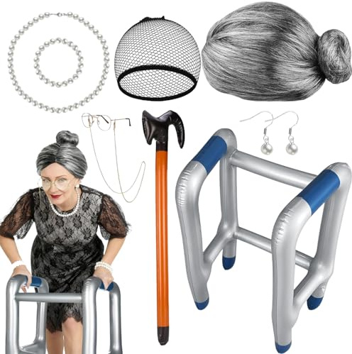 9 Stück Oma Kostüm Damen Set Rentner Kostüm Cosplay-Zubehör Halloween | Rollator Aufblasbar Aufblasbarer Gehstock Oma Perücke Grau Haarnetze Brille mit Kette Perlenschmuck Karneval Geburtstagsparty