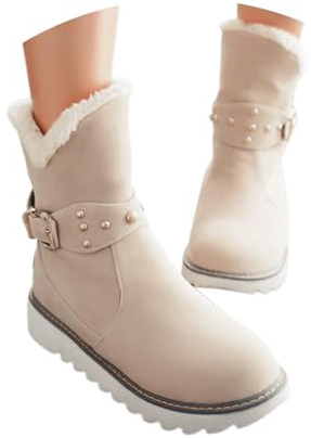 Generisch 2026 Botas de nieve cálidas de invierno con pantorrilla media, botines casuales de tacón plano, zapatos cómodos antideslizantes para exteriores, beige, 38 EU