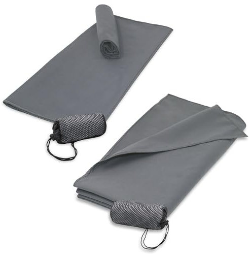 ZOLLNER 2er Set Strandtuch aus Mikrofaser - leichtes und saugstarkes Handtuch in 90x180 cm - mit praktischer Tragetasche - grau - waschbar bis 60°C