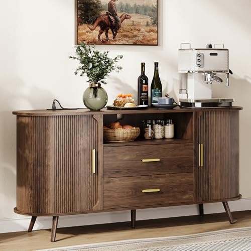 60 Sideboard Buffet Cabinet with Storage, Sliding Door & Adjustable Shelf, Modern Accent Sideboard Coffee Bar Console Table for Kitchen, Entryway and Living Room