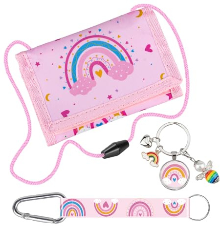 Szhhrxi Arcobaleno Portafoglio Triplo Bambini, Portafoglio Bambina con Portachiavi Arcobaleno + 2 Cinturino Antiperdita, Regali per Bambina e Bambino, Ideale per Compleanno o Gite (Rosa)