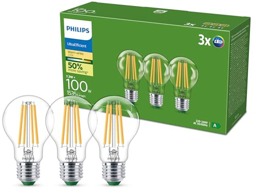 Philips UltraEfficient LED-Leuchte, 3er-Pack, A60, E27, 1.535 Lumen, 100 W, Energiesparlampe, Augenkomfort, Lange Lebensdauer, Warmweißes Licht 2700 K, Klassisches Design, Klare Lampe