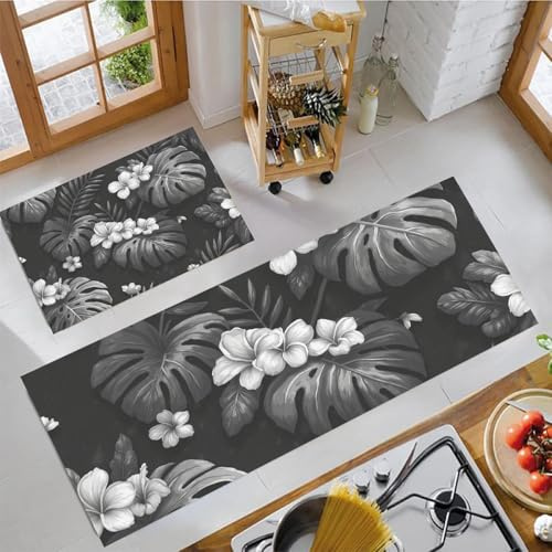 Set Di 2 Tappeti Da Cucina Antifatica 40x60cm+40x120cm, Tappetini Da Cucina Monstera Deliziosa Frangipani, Antiscivolo Tappeto Decorazioni Piante Tropicali Vintage Lavabile per Ingresso, Corridoio