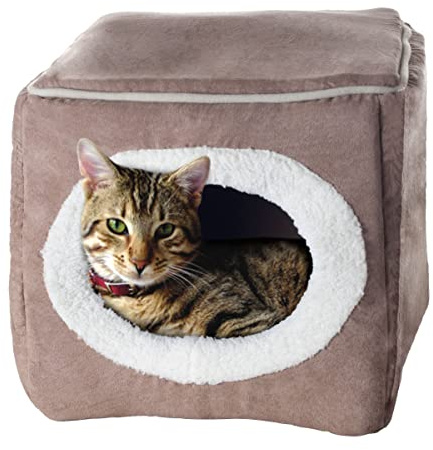 Cat House - Indoor Bed with Removable Foam Cushion - Cat Cave for Puppies, Rabbits, Guinea Pigs, and Other Small Animals by PETMAKER (Light Brown)