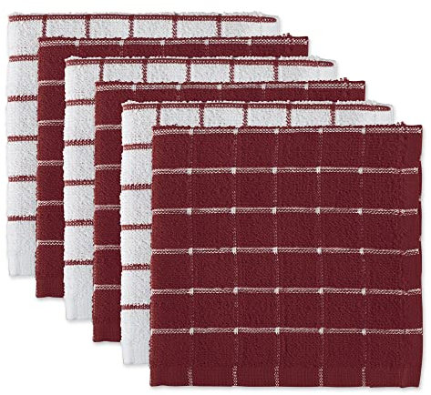 DII Lot de 6 torchons de Cuisine 100% Coton, lavables en Machine, Ultra absorbants, 30,5 x 30,5 cm, Motif Carreaux, vin