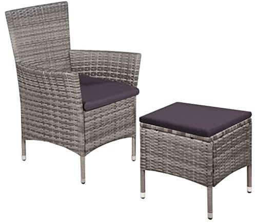 vidaXL Gartenstuhl und Hocker mit Polstern Poly Rattan Grau
