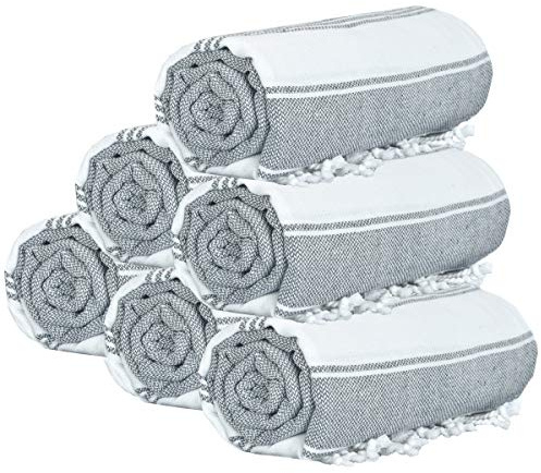 GLAMBURG Peshtemal Turkish Towel - Beach Towels Oversized 36x71 Set of 6, Soft Durable Absorbent Extra Large Bath Sheet Hammam Towel for Adults - Charcoal Grey