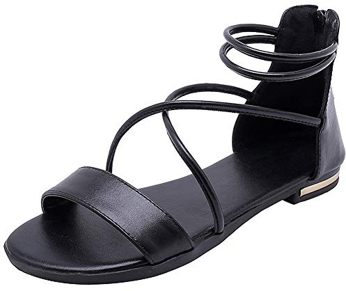 amropi Mujer Cruzada Verano Abierta Punta Tobillo Correa Plana Sandalias(Negro,38 EU)