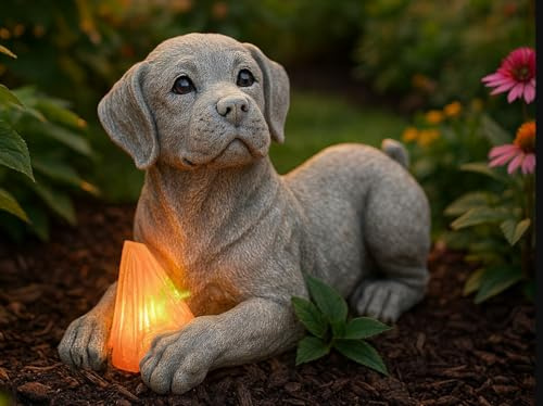 Garden Mile Solar Dog Statue, Outdoor Labrador Puppy Figurine with LED Shoe, Stone Effect Resin Garden Ornament, Weatherproof Solar Powered Light, Gift for dog Lovers and Fathers Day