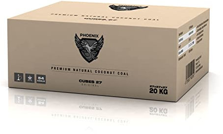 PhoenixCoal 27 bricchette di carbone naturale di cocco e carbone di narghilè per narghilè e griglia, insapore, inodore, lunga durata, basso contenuto di ceneri (20 kg)