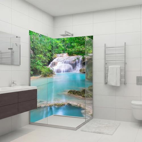 dedeco Eck-Duschrückwand wasserfest mit Wasserfall V7 Motiv - 2 x 90x200 cm, als Badrückwand zum Fliesenersatz, als Dekorwand, Wandverkleidung und Duschplatte aus Aluminium - Made in Germany
