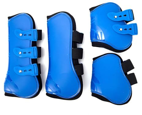Merauno® Gamaschen Pferde 4er Set Sehne Schützer Fetlock Pferdesprungschutz Vorne Hinter Paar Robust Elastisch PU Shell Neopren Knopfverschluss 2 Paar für Damen& Herren (M(VB), Blau)