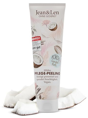 Jean & Len Cremiges Dusch-Peeling Kokos & Sandelholz, reinigt porentief und nährt die Haut, mit natürlichen Sandperlen, Body Scrub, ohne Parabene & Silikone, vegan, 125 ml
