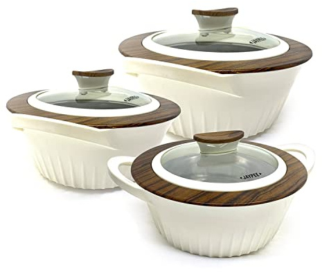 JAYPEE Lot de 3 cocottes isothermes avec couvercle en verre verrouillable et plat de service en plastique pour aliments chauds (1000 ml, 1500 ml et 2000 ml) (bois foncé)