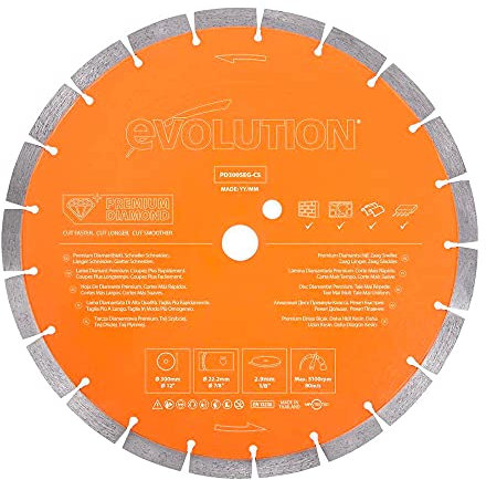 Evolution Hoja de diamante prémium de 300 mm para cortadora de disco de Evolution con elevada concentración de diamante, borde segmentado y orificio de 22,2 mm