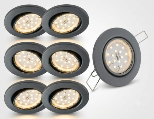 Trango 6er Set 6729-061MO LED Einbaustrahler in Anthrazit matt schwenkbar inkl. 6x 5 Watt 3000K warmweiß Ultra Flach LED Modul, Einbauspots, Deckenstrahler, Deckenlampe, Badleuchte, Deckenleuchte